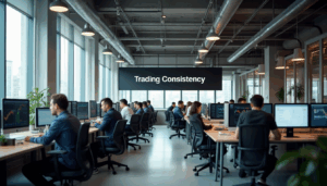 Professional traders collaborating at desks in daylight office