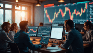 Professional traders in modern office reviewing CFD trading risks on screens